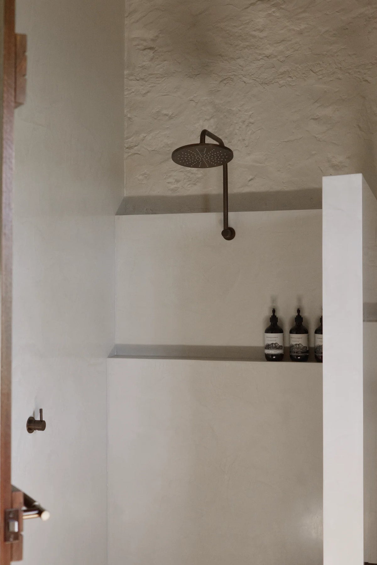 Shower featuring stone walls and brass fittings